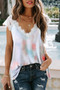 White Lace Splicing V Neck Short Sleeve Tie-dye Top