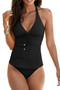 Black Halter V Neck Ruched Tankini Set