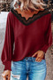 V Neck Lace Patchwork Red Blouse