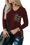 Burgundy Leopard Patch Pocket Long Sleeve Top