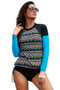 Colorblock Long Sleeve Tribal Print Swim Top