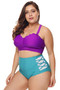 Purple & Blue Scalloped Detail High Waist Swimsuit