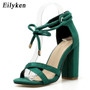 Peep Toe Shoes Female Square Heel Ladies Sandals Green, Black Size 35-40