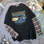 Long Sleeve Plaid Patchwork Simple Oversized Graphic T-Shirts for Women