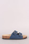 Bamboo Denim Open Toe Buckled Cork Footbed Slide Sandal