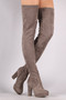 Bamboo Suede Almond Toe Chunky Heeled Over-The-Knee Boots