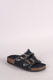 Frayed Denim Open Toe Buckled Cork Footbed Slide Sandal