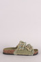 Frayed Denim Open Toe Buckled Cork Footbed Slide Sandal