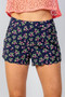 Ladies fashion navy floral print scalloped hem shorts