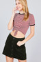 Short Crew Neck W/contrast Binding Front Tie Stripe Rayon Spandex Top