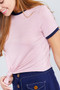 Short Crew Neck W/contrast Binding Front Tie Stripe Rayon Spandex Top