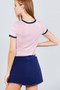 Short Crew Neck W/contrast Binding Front Tie Stripe Rayon Spandex Top