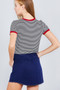 Short Crew Neck W/contrast Binding Front Tie Stripe Rayon Spandex Top