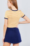 Short Crew Neck W/contrast Binding Front Tie Stripe Rayon Spandex Top