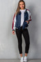 Ladies fashion navy "brunch" embroidered bomber color-block jacket