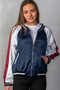 Ladies fashion navy "brunch" embroidered bomber color-block jacket