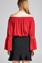 Ladies fashion long sleeve w/lace trim off the shoulder self tie front crinkle gauze woven top