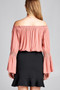 Ladies fashion long sleeve w/lace trim off the shoulder self tie front crinkle gauze woven top