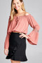 Ladies fashion long sleeve w/lace trim off the shoulder self tie front crinkle gauze woven top