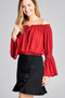 Ladies fashion long sleeve w/lace trim off the shoulder self tie front crinkle gauze woven top