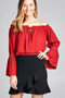 Ladies fashion long sleeve w/lace trim off the shoulder self tie front crinkle gauze woven top