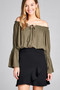 Ladies fashion long sleeve w/lace trim off the shoulder self tie front crinkle gauze woven top