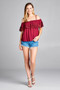 Ladies fashion open shoulder flounce w/crochet lace crinkle gauze woven top