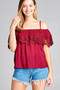 Ladies fashion open shoulder flounce w/crochet lace crinkle gauze woven top