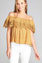 Ladies fashion open shoulder flounce w/crochet lace crinkle gauze woven top