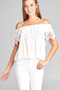 Ladies fashion open shoulder flounce w/crochet lace crinkle gauze woven top