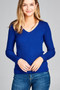 Ladies fashion long sleeve v-neck fitted rib sweater top