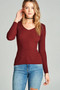 Ladies fashion long sleeve v-neck fitted rib sweater top