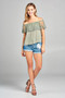 Ladies fashion off the shoulder w/lace ruffle crinkle gauze woven top