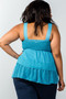 Ladies fashion plus size lace trim blue ruffled babydoll sleeveless top