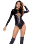 Women's Faux Leather  Long Sleeved Halter Lace Bodysuit Leotard Clubwear Costume