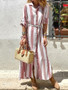 Women Striped Turn-Down Collar Button Down Long Sleeve Dress