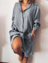 Women Long Sleeve V-neck Button Pocket Dress