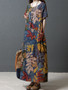 Women Crew Neck Floral Cotton Vintage Maxi Dress