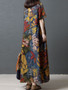 Women Crew Neck Floral Cotton Vintage Maxi Dress