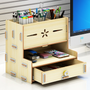 Multifunctional Storage Box Desk Personalized Decoration Wooden Desktop Organizer Cell Phone Holder Desktop Stationary Home Office Supplies Storage Rack with Drawer