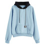 Fashion Solid color Blue Black Gray Hooded Women Long Sleeve Pocket Patchwork Pullover Strappy Hoodie Sweatshirt Blouse Top