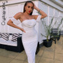 Cryptographic Off Shoulder Sexy Backless Mesh Ruched Dress for Women White Elegant Party Midi Dresses Strapless Bodycon Dress