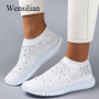 Vulcanized Shoes Sneakers Women Trainers Knitted Sneakers Ladies Slip-on Sock Shoes Sparkly Crystal Zapatillas Mujer Casual