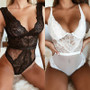 Women Ladies Sexy Black/White Full Lace See Through Backless Strappy Plunge V Neck  Bodycon Bodysuit Leotard