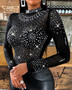 Women Shiny Studded Long Sleeve Bodysuit See Through Sexy Skinny Black Mesh Bodysuits