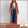 African Ethnic Print Long Coat Women Overcoat Autumn Outwear Red Plus Size Womens Clothes Lace Up Boho Oversized Trench Coats