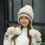 Girls Thicken Ski Snow Cap New Fashion Fur PomPoms Winter Women Beanie  Hats Female Skullies Warm Gloves + Knit Hat Set