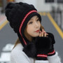 Girls Thicken Ski Snow Cap New Fashion Fur PomPoms Winter Women Beanie  Hats Female Skullies Warm Gloves + Knit Hat Set