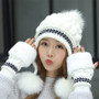 Girls Thicken Ski Snow Cap New Fashion Fur PomPoms Winter Women Beanie  Hats Female Skullies Warm Gloves + Knit Hat Set