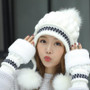 Girls Thicken Ski Snow Cap New Fashion Fur PomPoms Winter Women Beanie  Hats Female Skullies Warm Gloves + Knit Hat Set